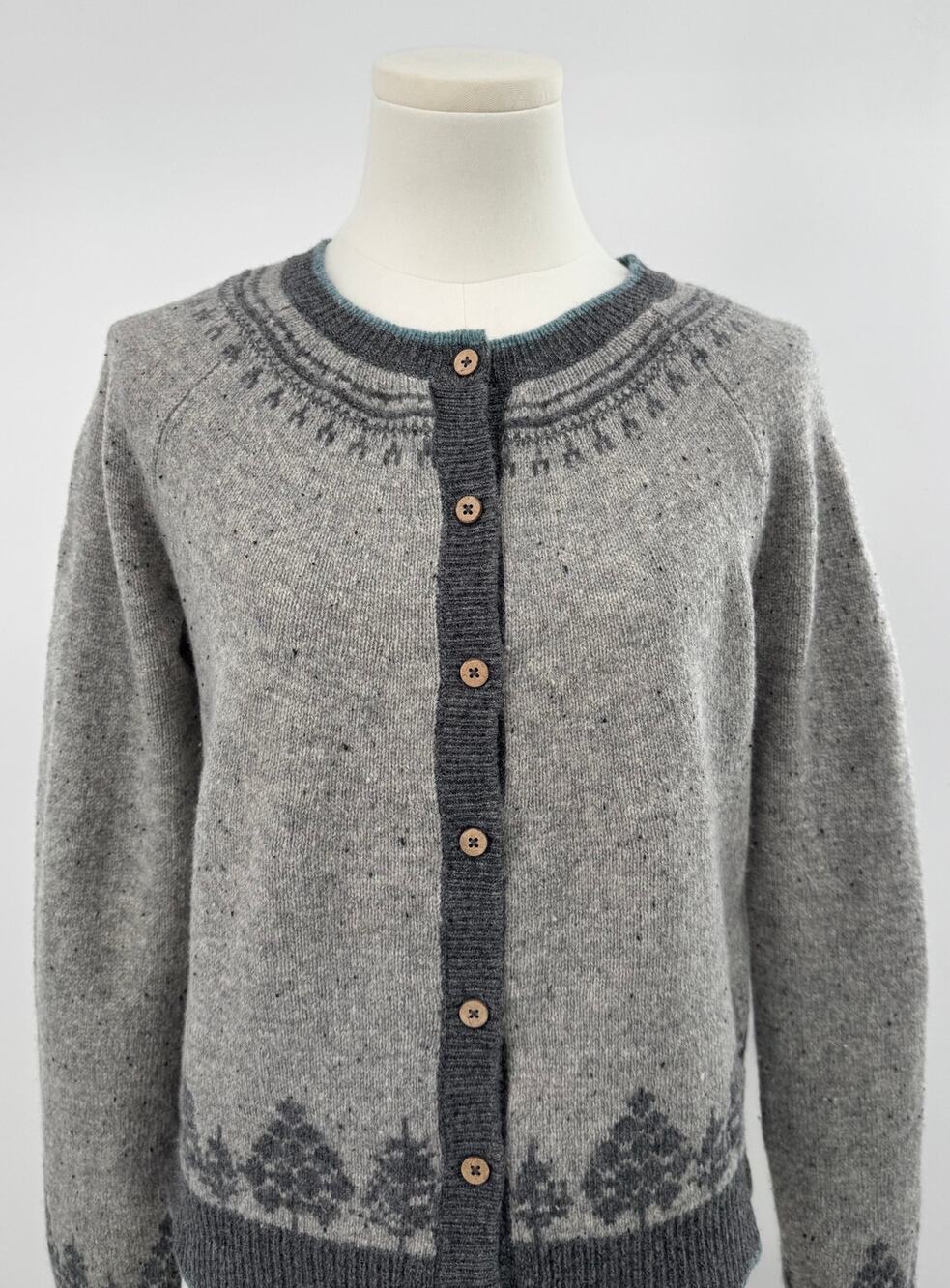 Woolovers Gray Cardigan Sweater 100% Wool Fair Isle Tree Knit Cardi S